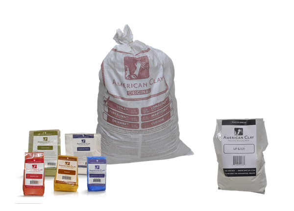 Claymasters DIY Starter Kit contents: a bag of American Clay plaster, natural pigment colour packs and the Up and EZ binder